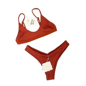 Kulani Kinis Clay Ribbed Bikini Set Women M Medium Minimal Top High Leg V Cheeky